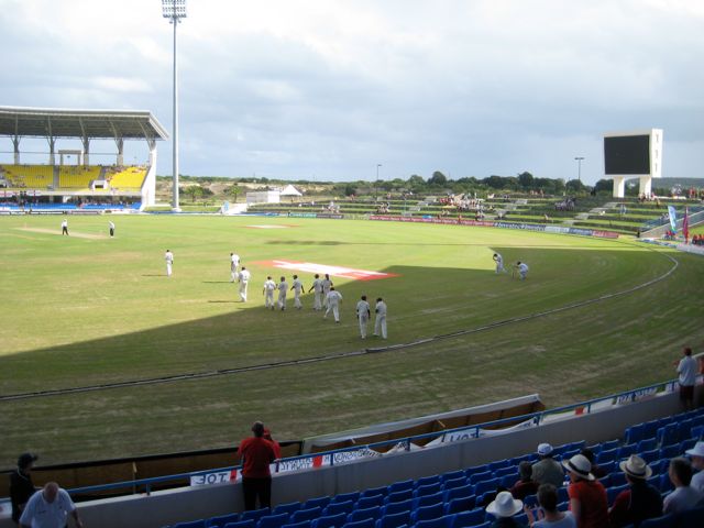 The West Indies take the field with the England batsmen