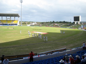 The West Indies take the field with the England batsmen