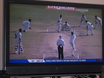I see the end of the test back home on Sky TV. The match ends in a draw with West Indies last wicket pair unbroken...